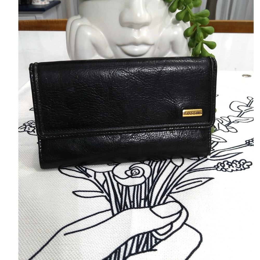 Vtg Y2K Fossil black leather bifold clutch wallet snap closure gold tone logo